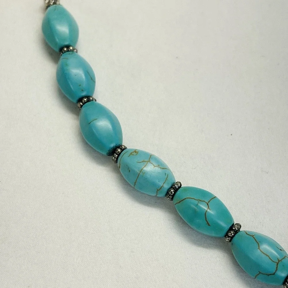 Western Necklace Turquoise Look Blue Elongated Beads Silver Tone Pendant Western